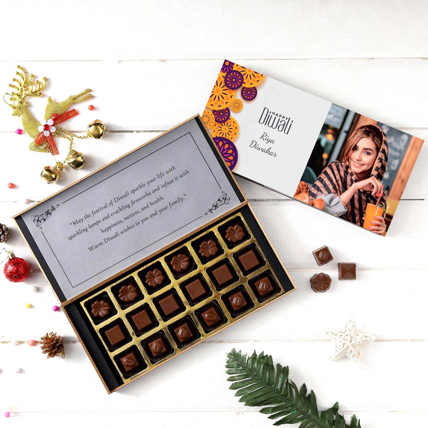 Colourful modern personalised diwali gift of chocolates