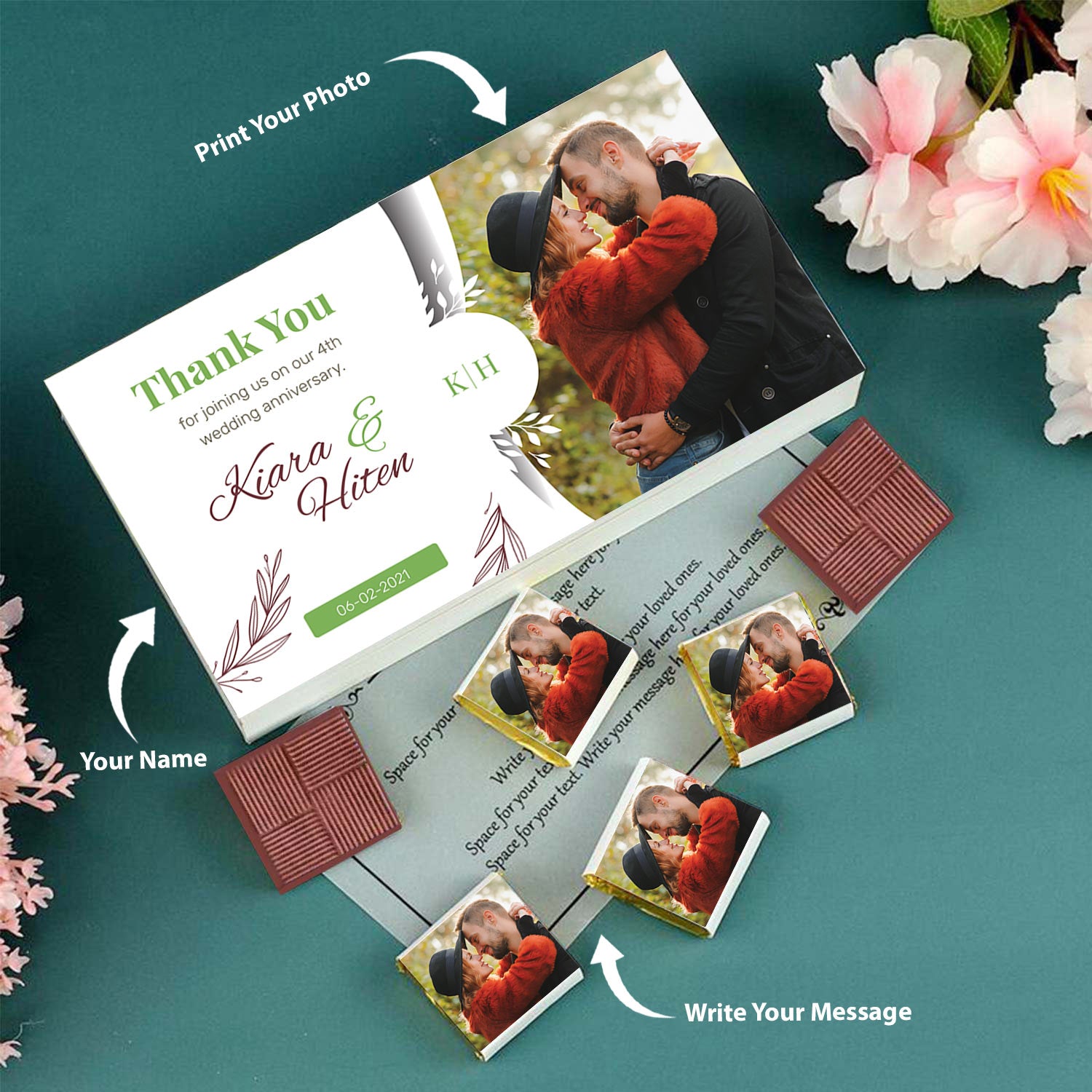 Leaves green coloured personalised chocolates return gift