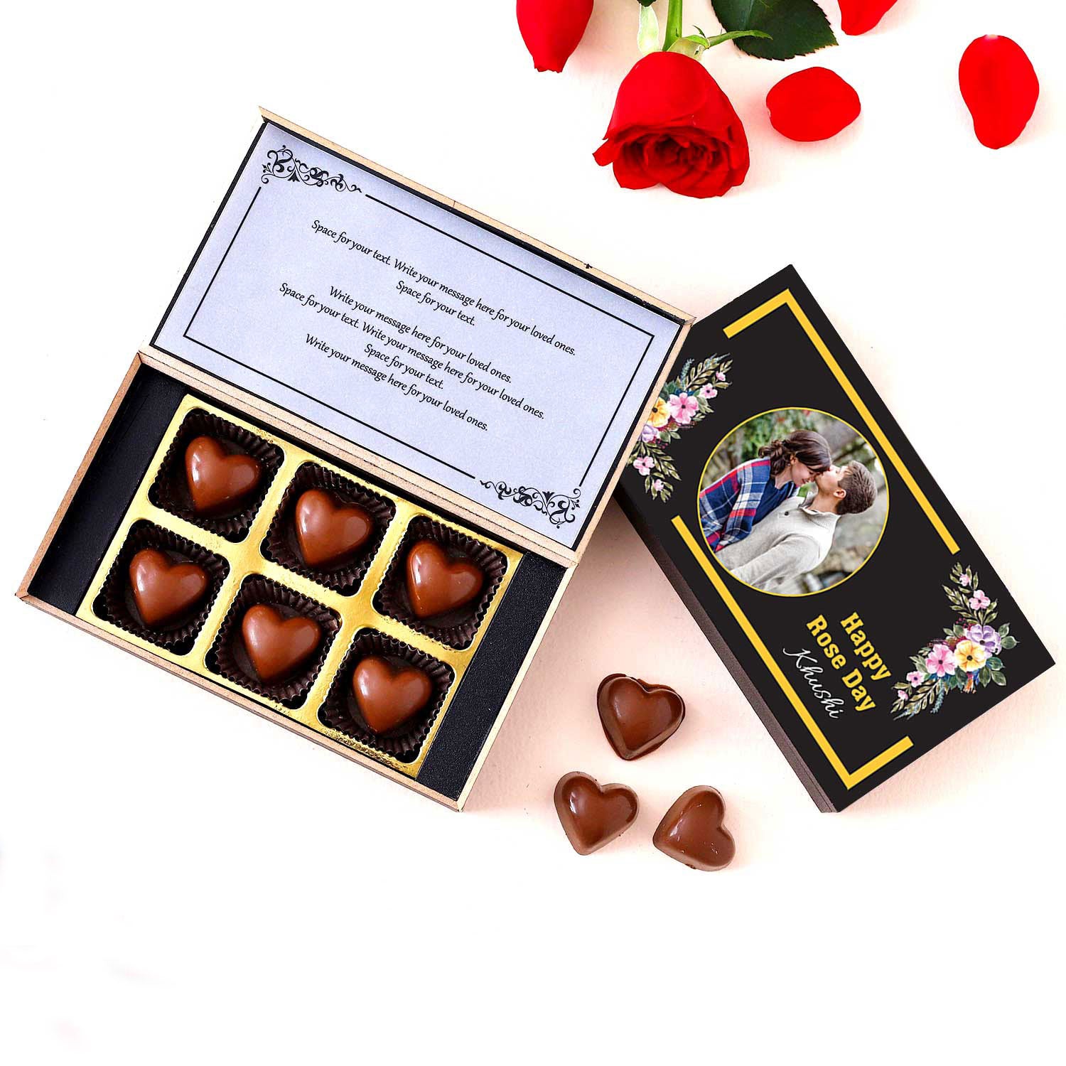 Personalized Rose Day chocolate gift with photo/name printed