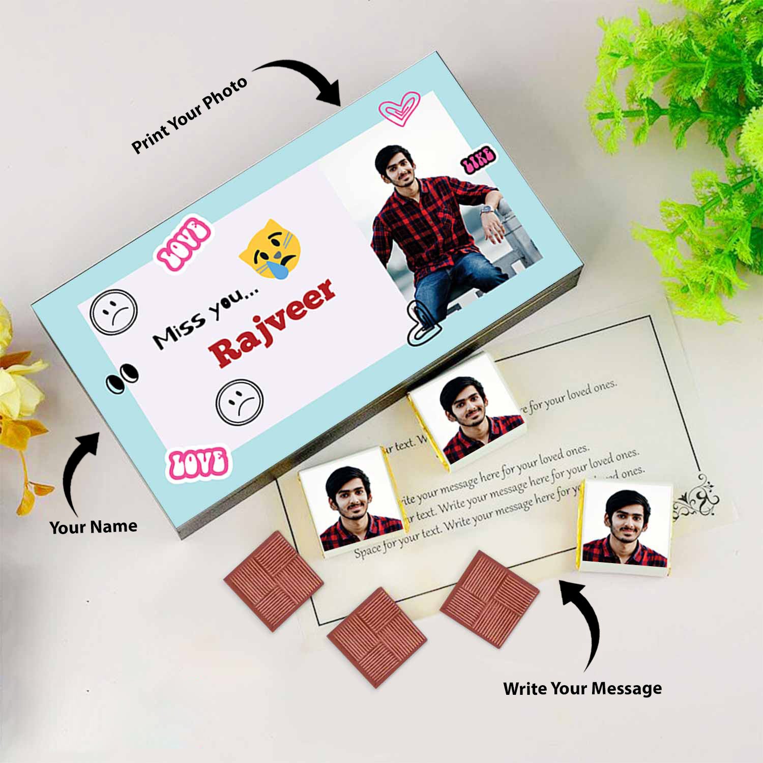 Miss you chocolate I  Image printed chocolate box I  Delicious chocolates I  Free shipping across India I  Elegant wooden packaging