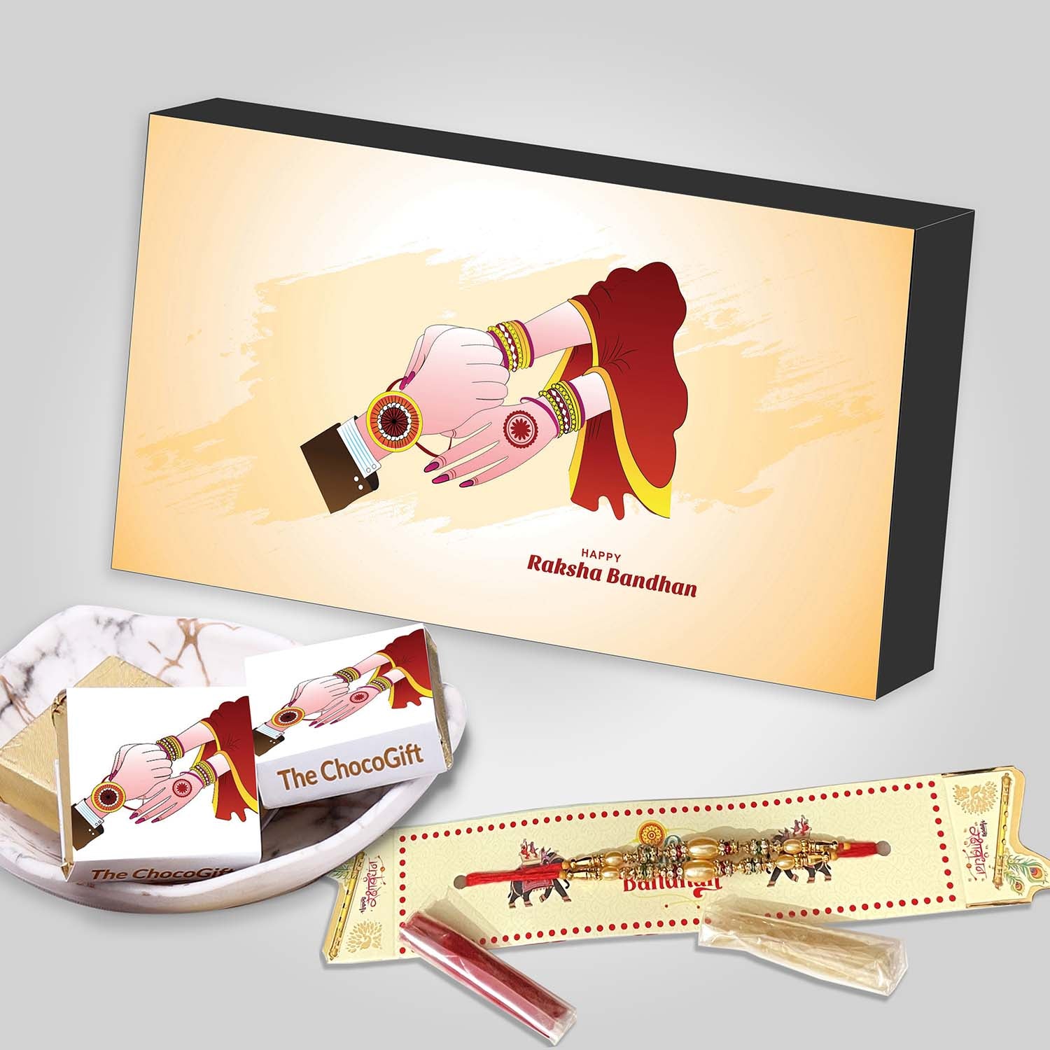 2 set of rakhi with roli chandan chocolate gift box 