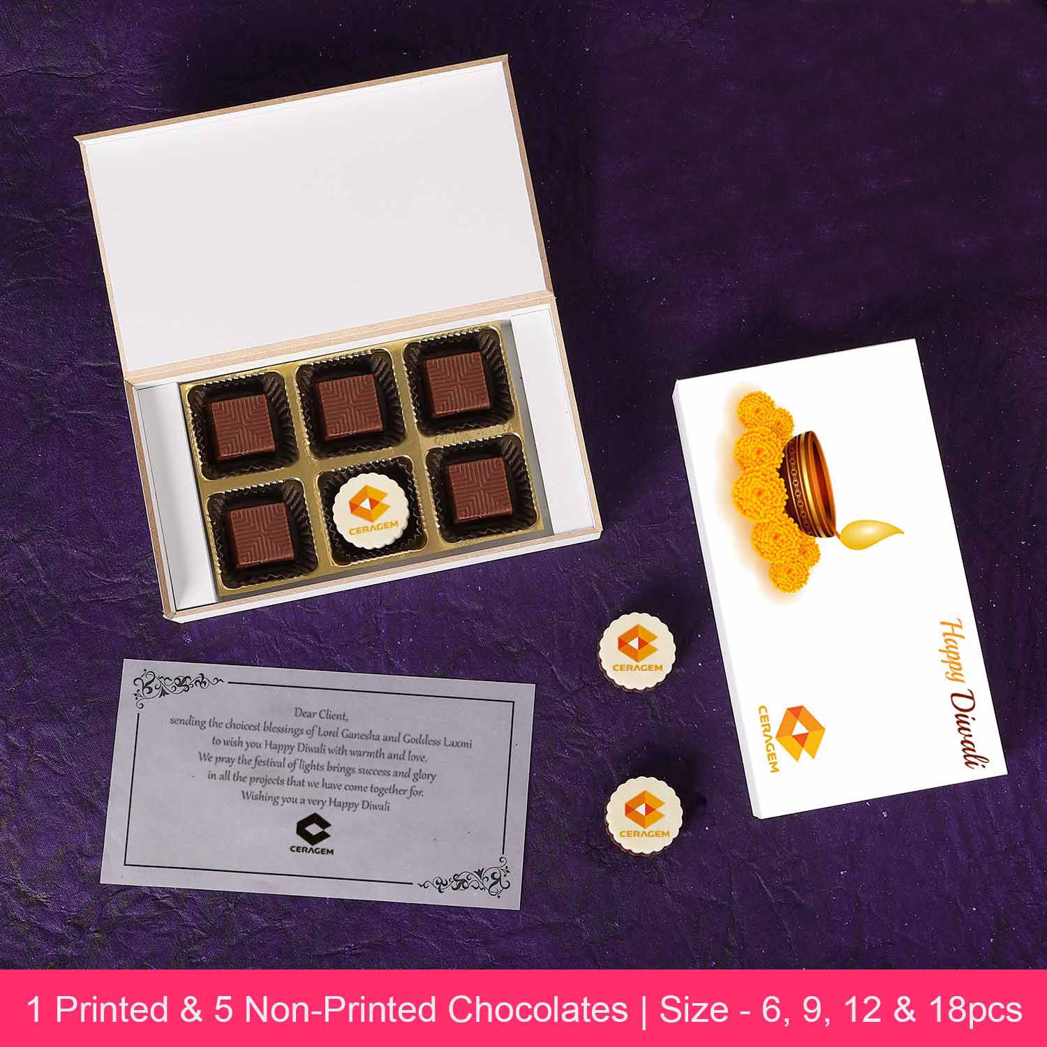 Marigold flowers and diya printed diwali gift of chocolates - Choco ManualART